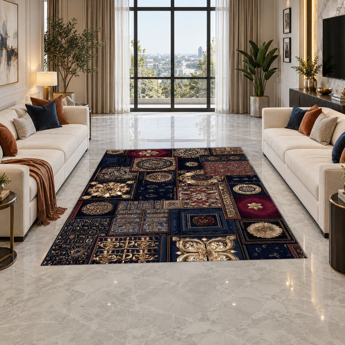 Navy and Gold Ornate Patchwork printed area rug