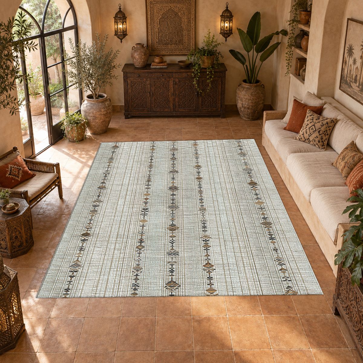 Neutral Linen Minimal Striped printed area rug