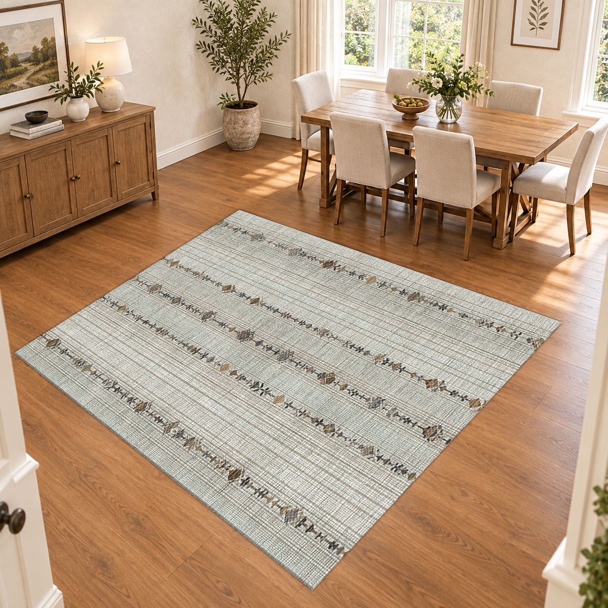 Neutral Linen Minimal Striped printed area rug