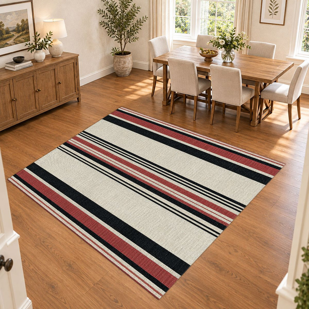 Cream Red and Black Striped printed area rug