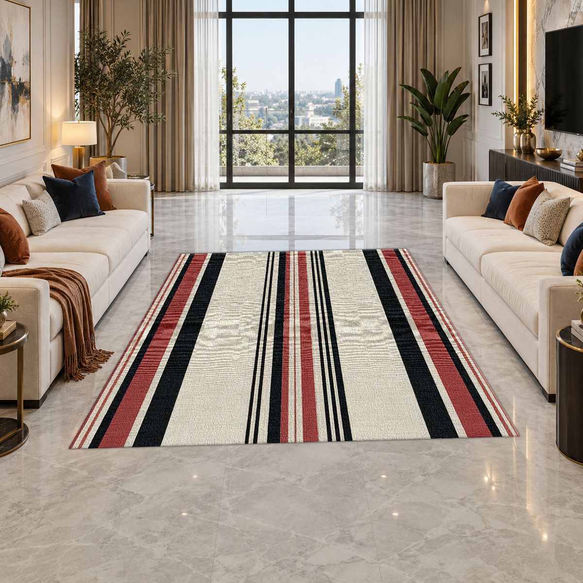 Cream Red and Black Striped printed area rug