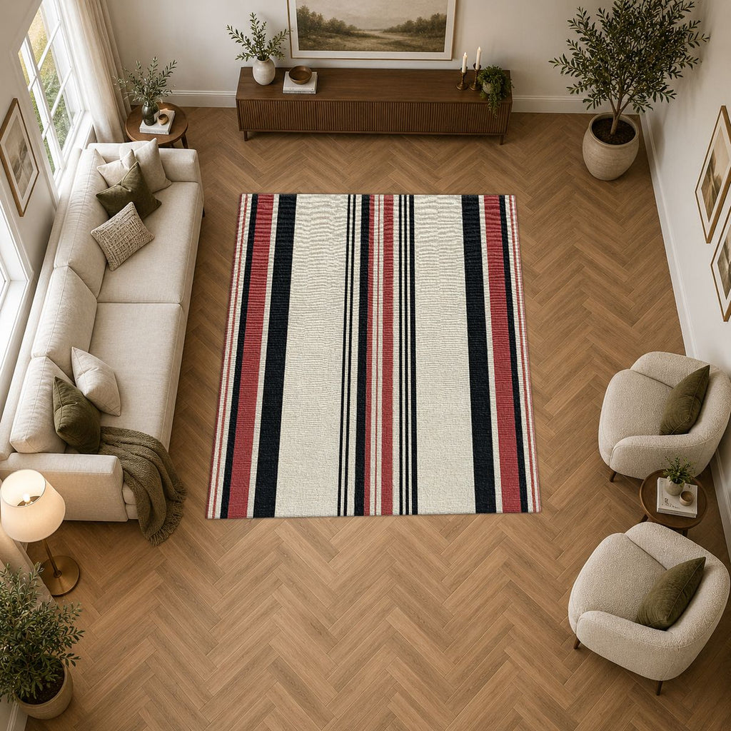 Cream Red and Black Striped printed area rug