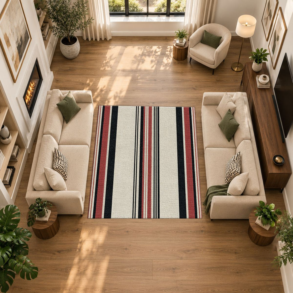 Cream Red and Black Striped printed area rug