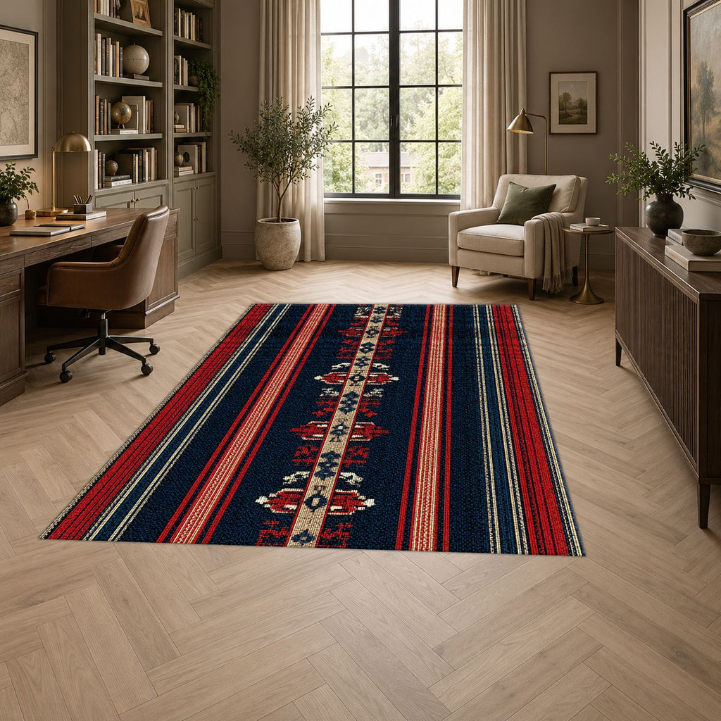 Navy and Red Striped Ethnic Runner printed area rug