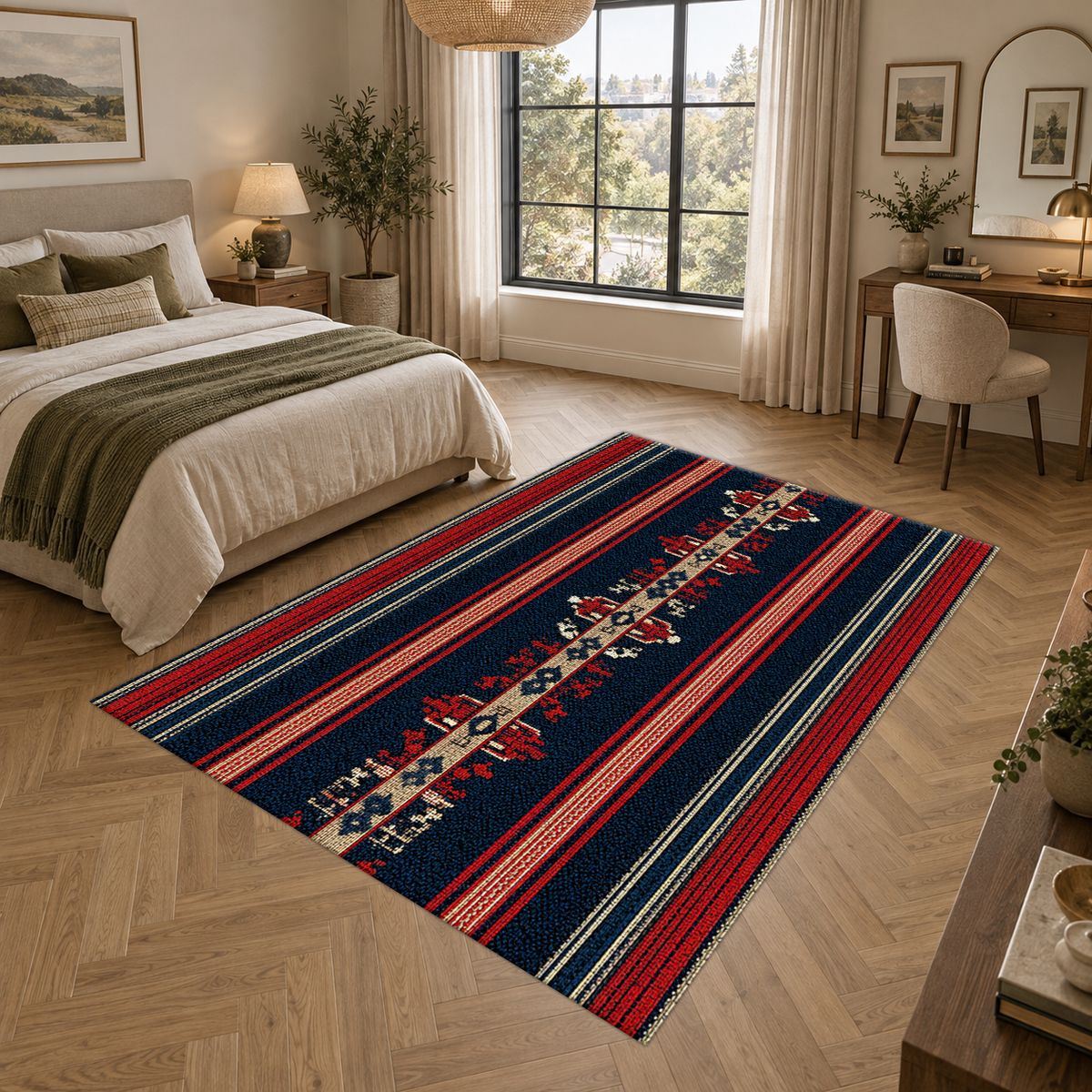 Navy and Red Striped Ethnic Runner printed area rug