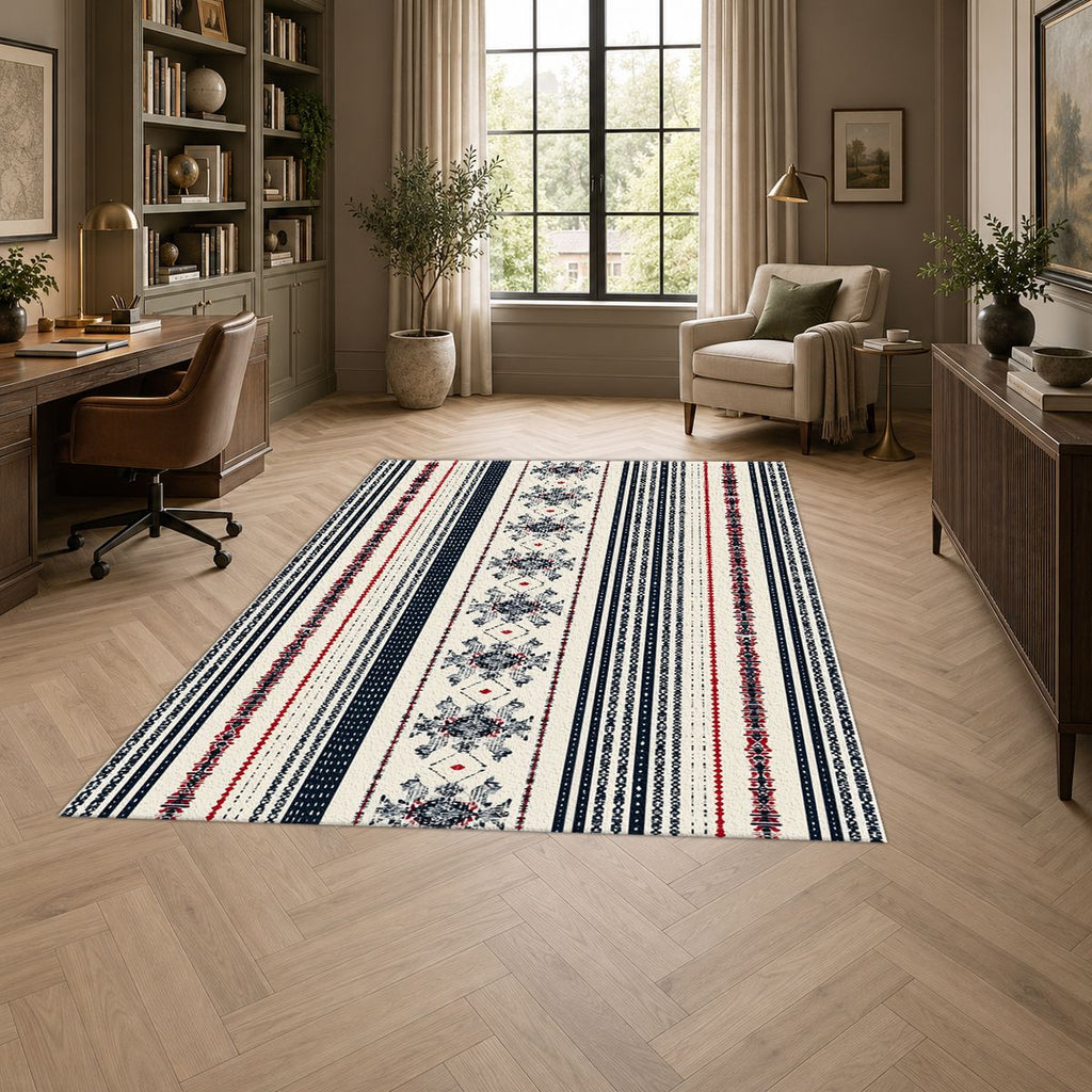 Navy and White Striped Folk printed area rug