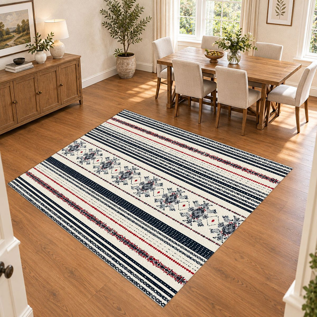 Navy and White Striped Folk printed area rug