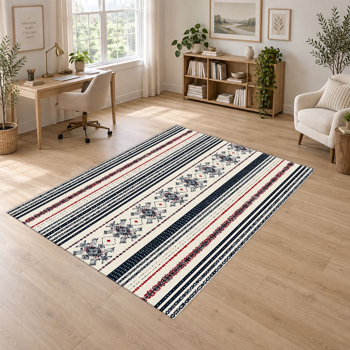 Navy and White Striped Folk printed area rug