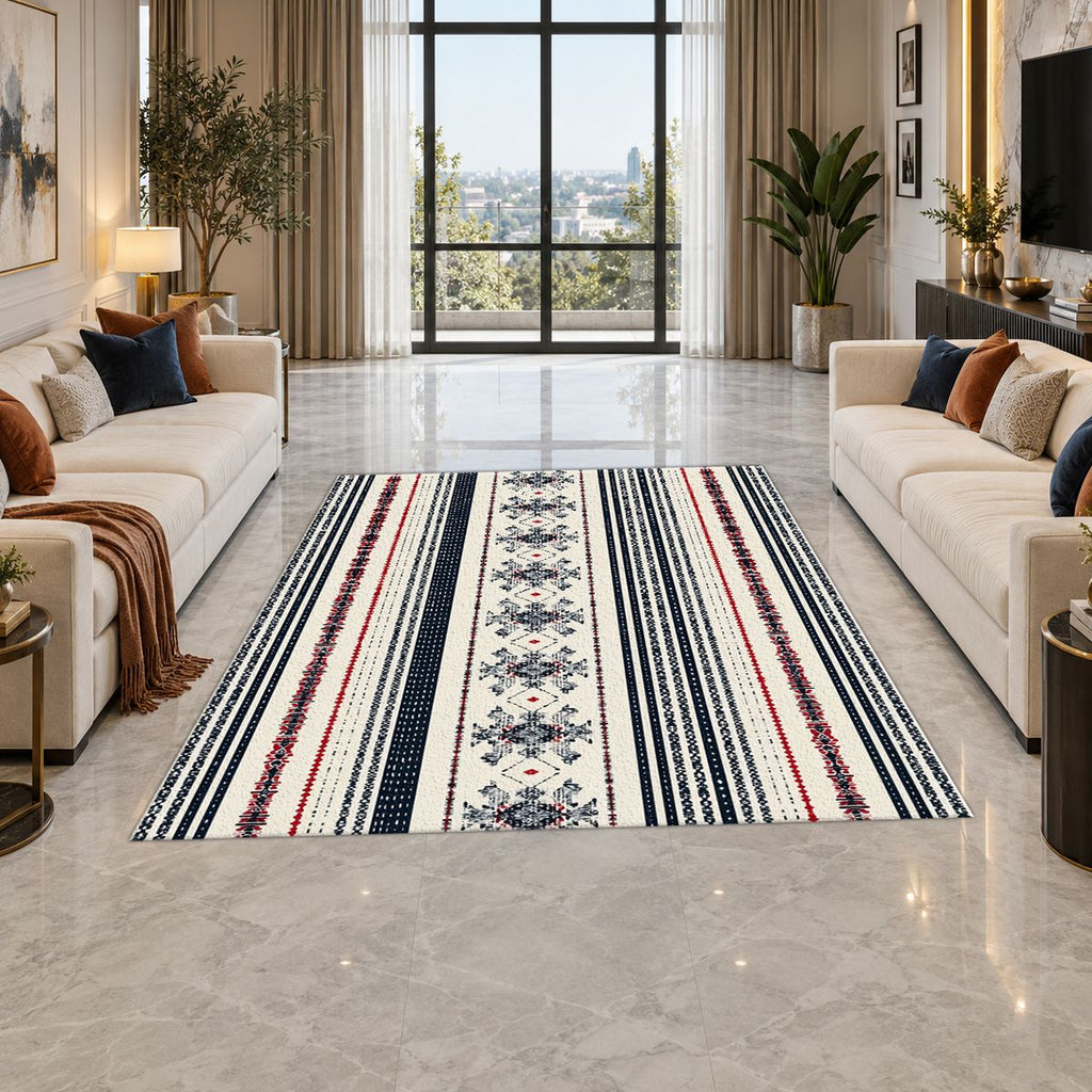 Navy and White Striped Folk printed area rug
