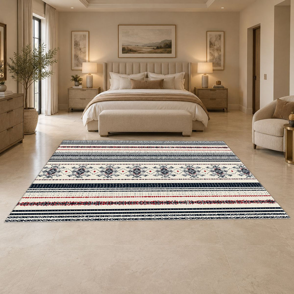 Navy and White Striped Folk printed area rug