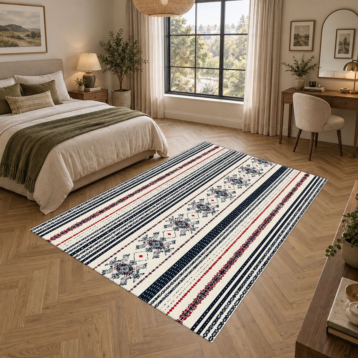 Navy and White Striped Folk printed area rug