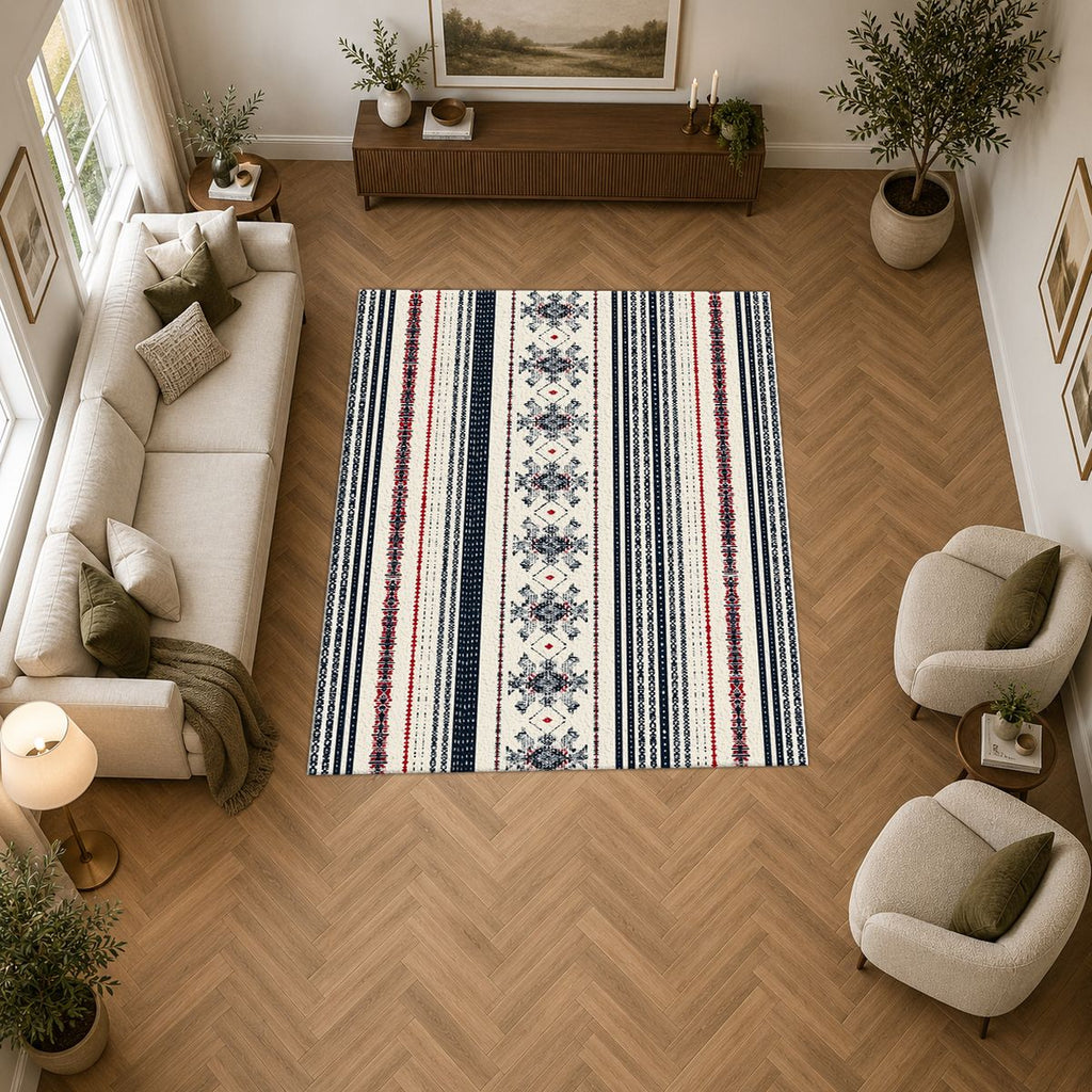 Navy and White Striped Folk printed area rug