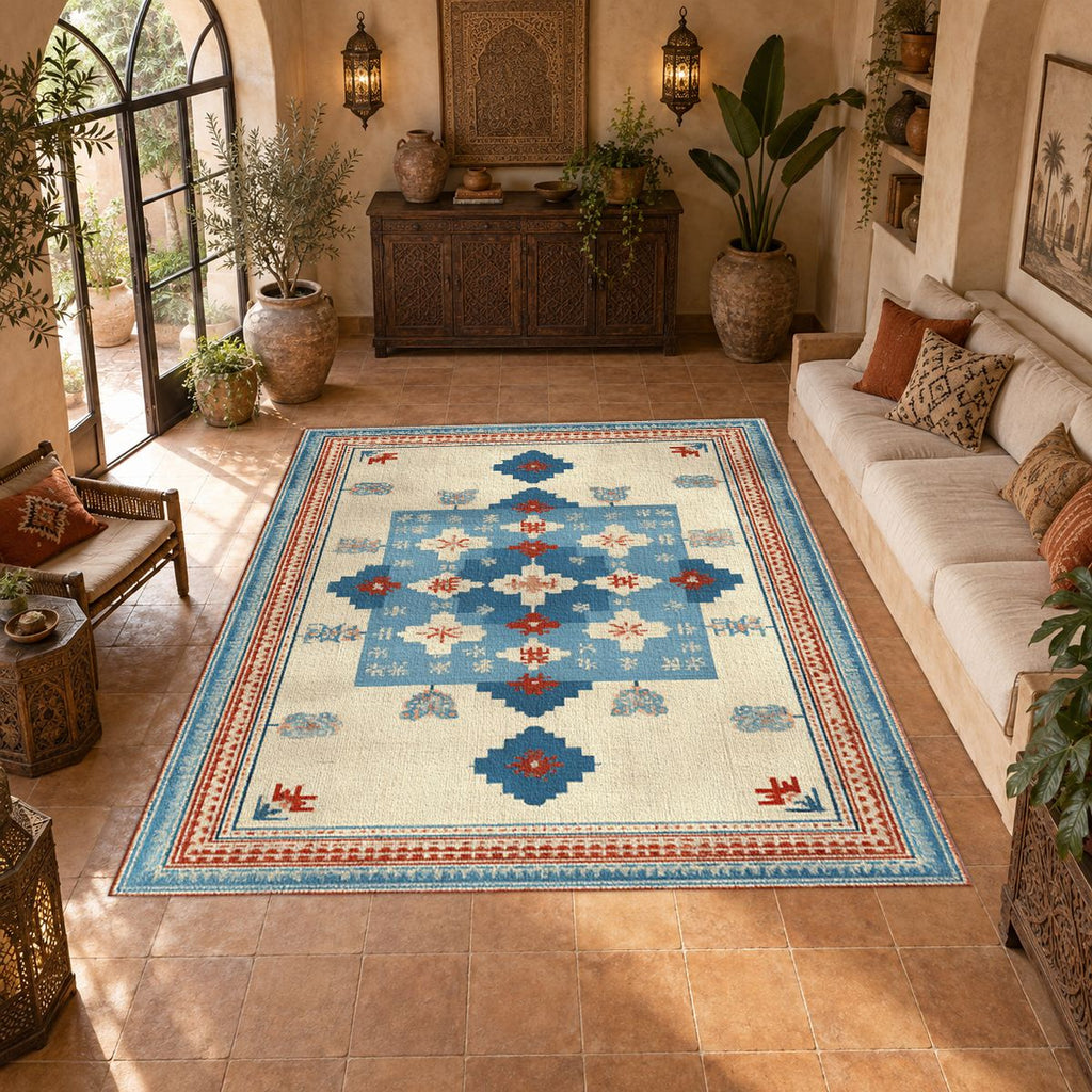 Light Blue and Cream Anatolian Kilim printed area rug