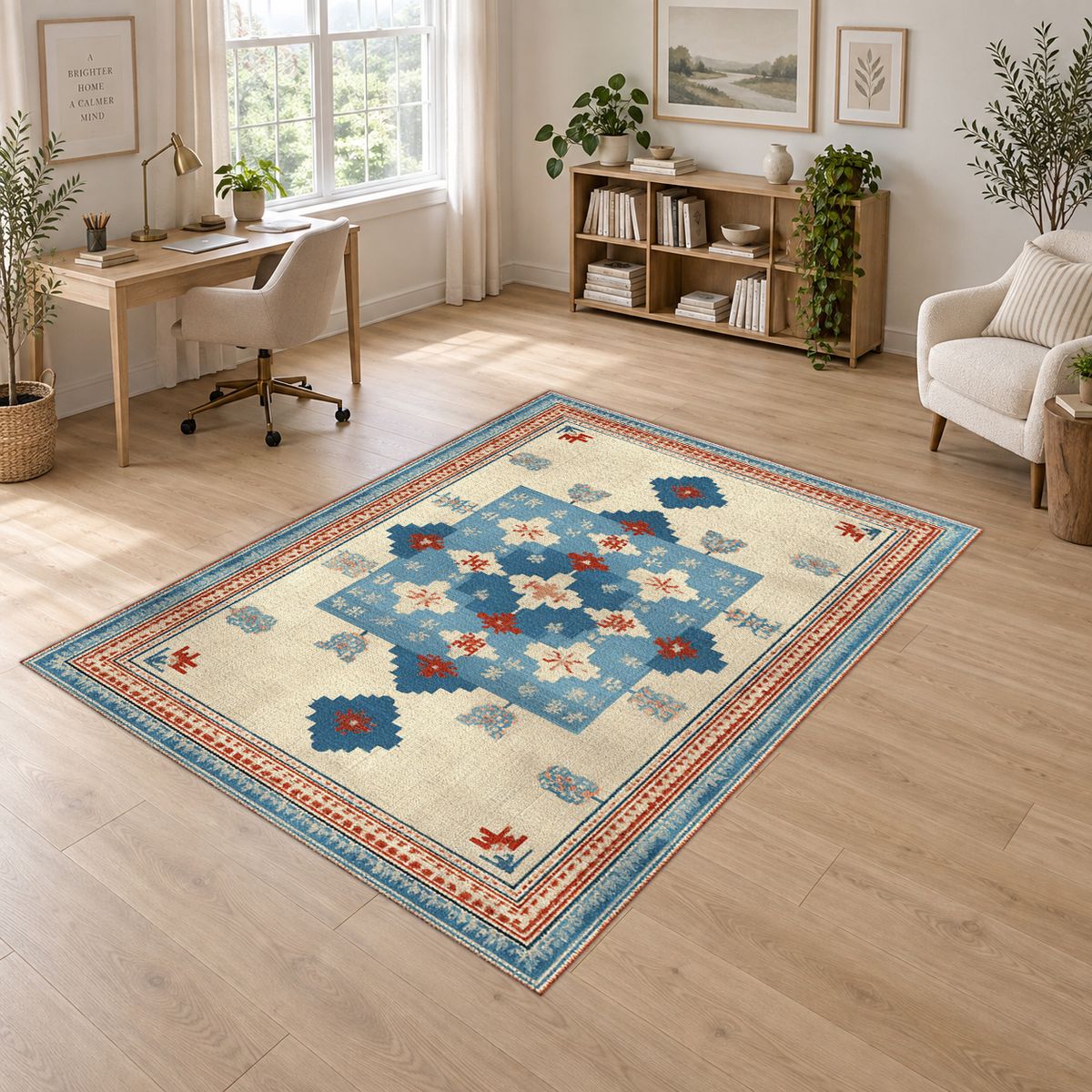 Light Blue and Cream Anatolian Kilim printed area rug