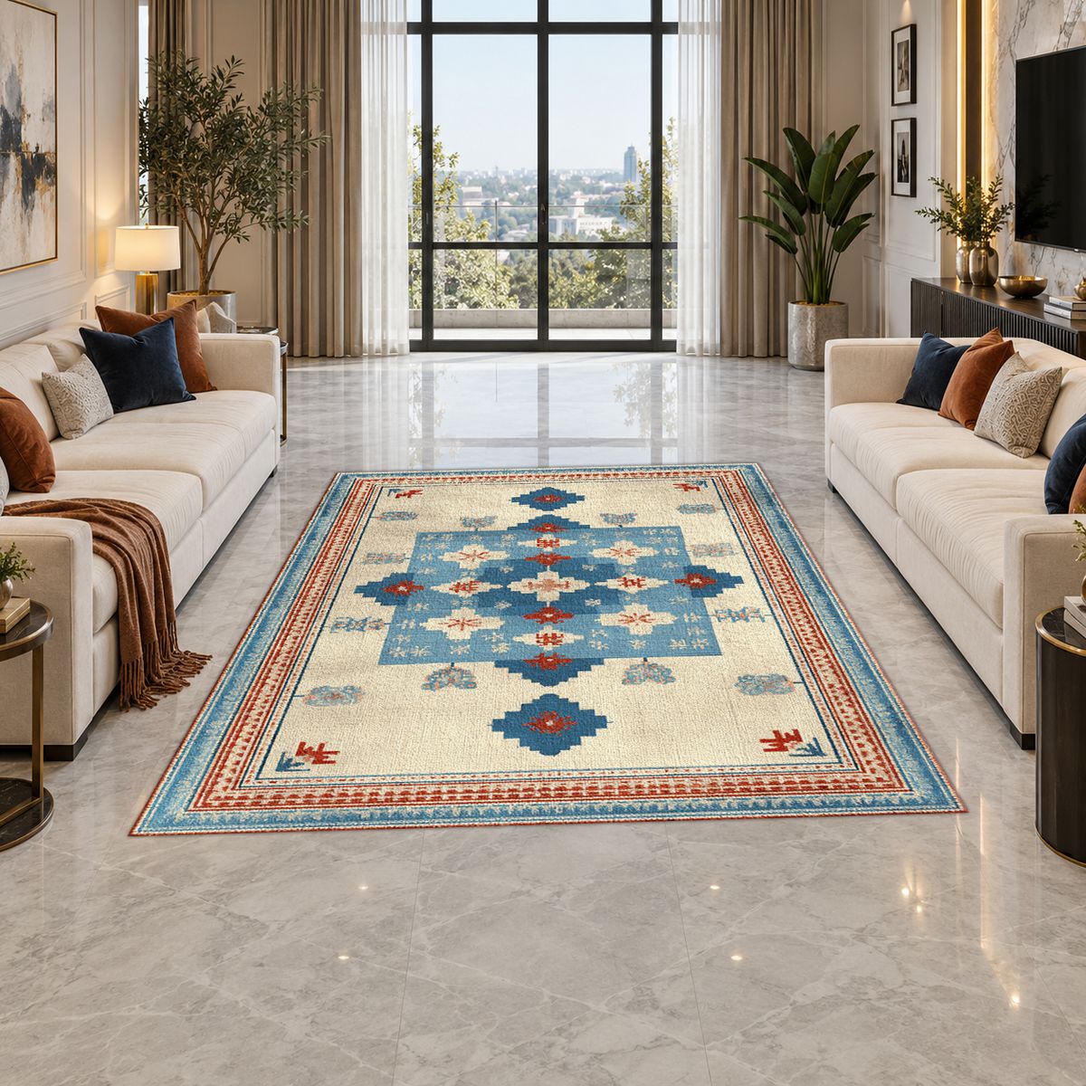 Light Blue and Cream Anatolian Kilim printed area rug