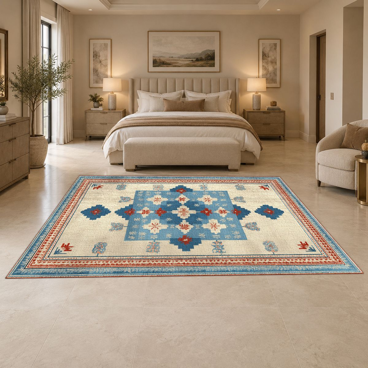 Light Blue and Cream Anatolian Kilim printed area rug