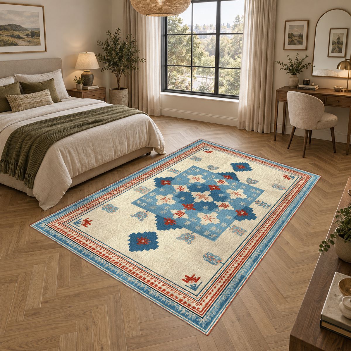 Light Blue and Cream Anatolian Kilim printed area rug
