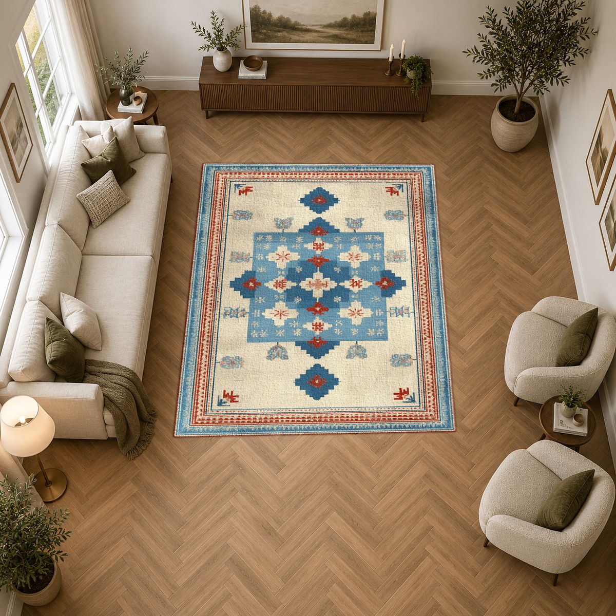 Light Blue and Cream Anatolian Kilim printed area rug
