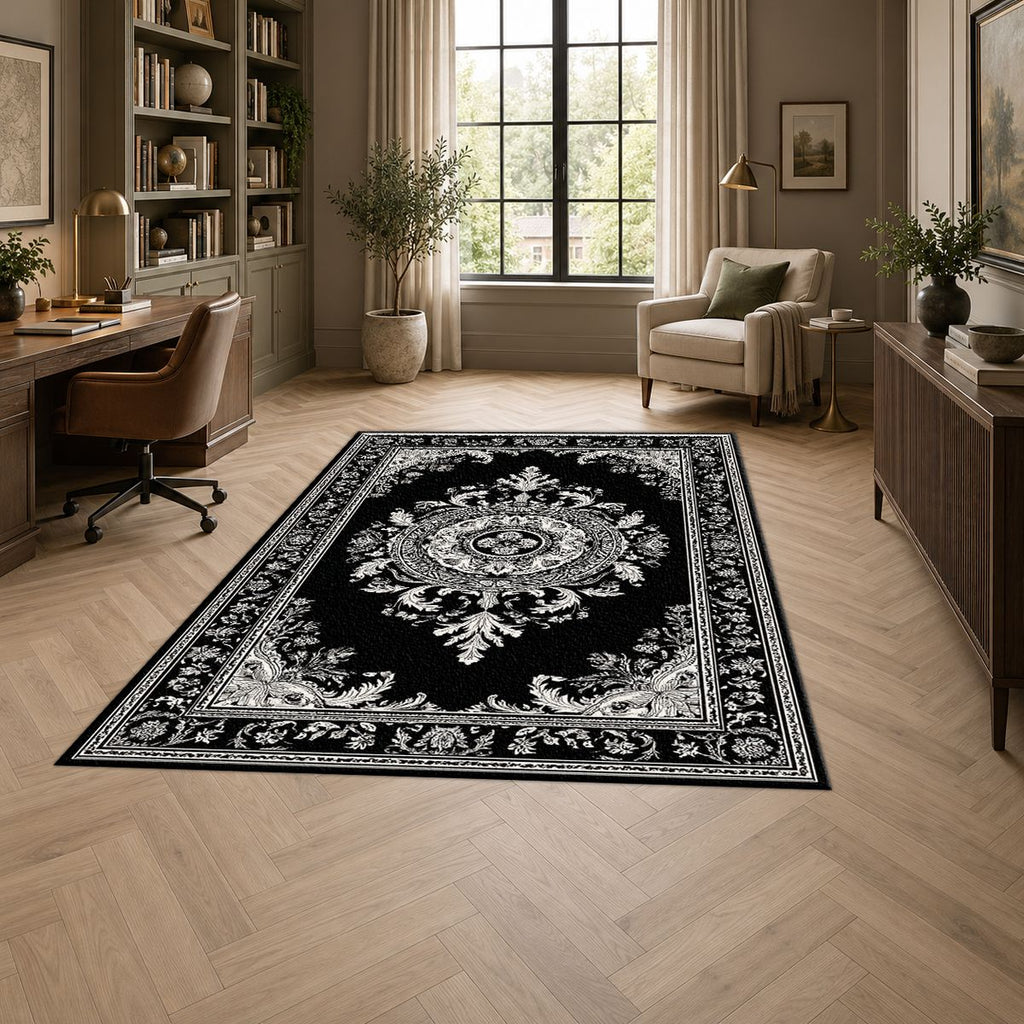 Black and White Damask Medallion printed area rug