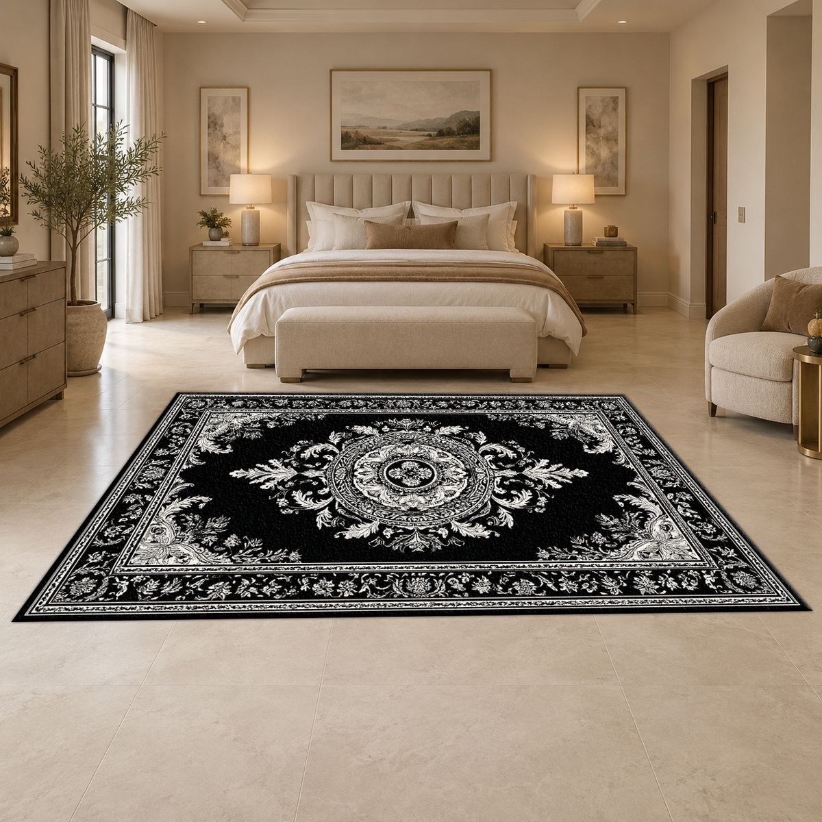 Black and White Damask Medallion printed area rug