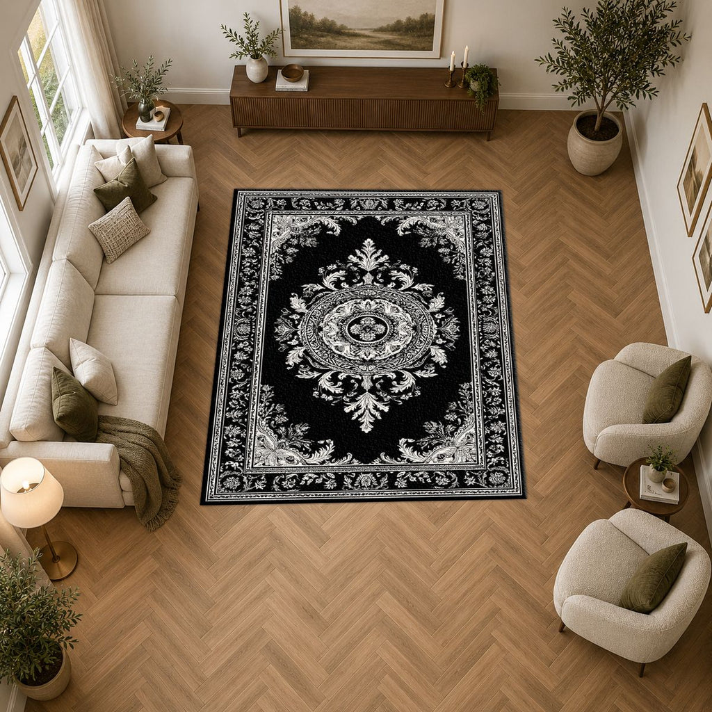 Black and White Damask Medallion printed area rug