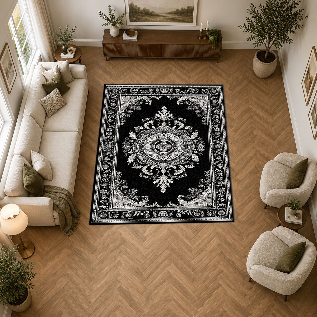 Black and White Damask Medallion printed area rug