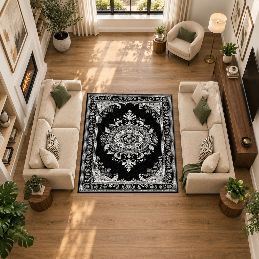 Black and White Damask Medallion printed area rug