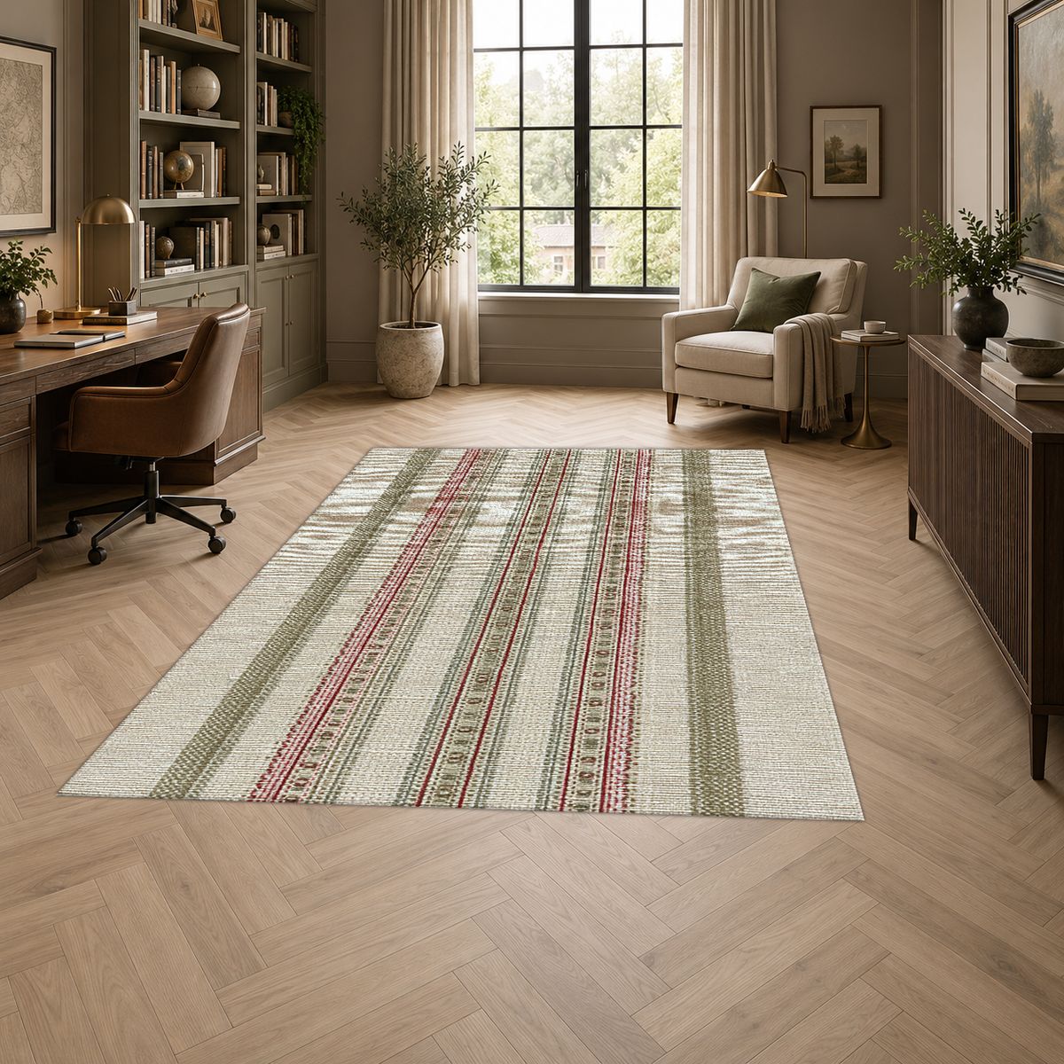 Sage and Beige Pinstripe printed area rug