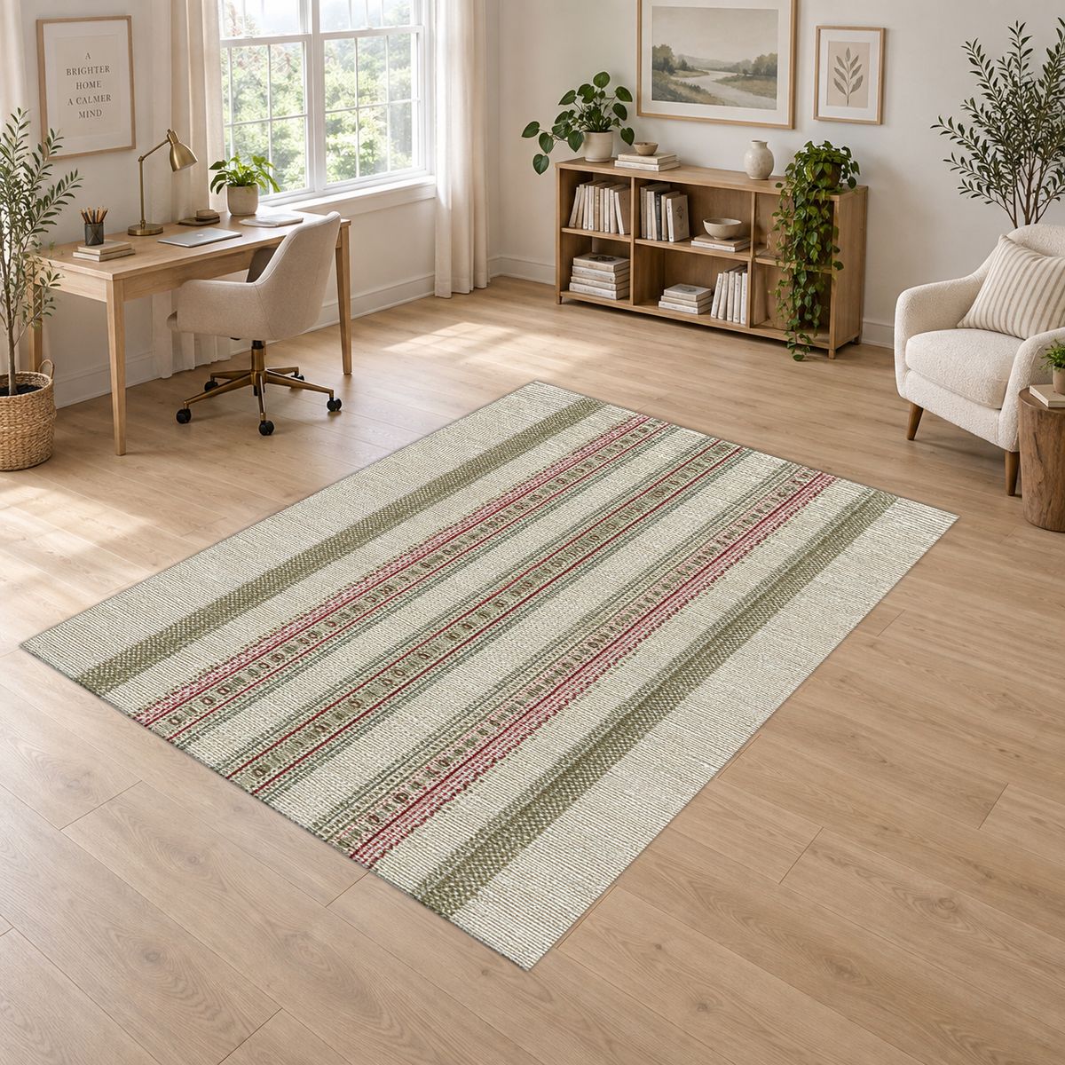 Sage and Beige Pinstripe printed area rug