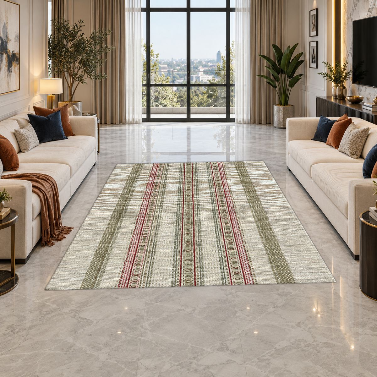 Sage and Beige Pinstripe printed area rug
