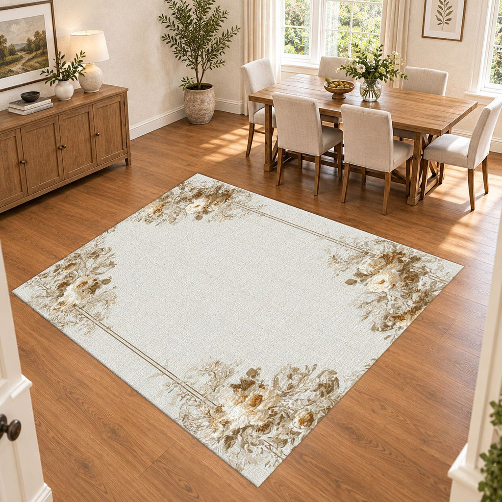 Ivory Floral Corner Minimalist printed area rug