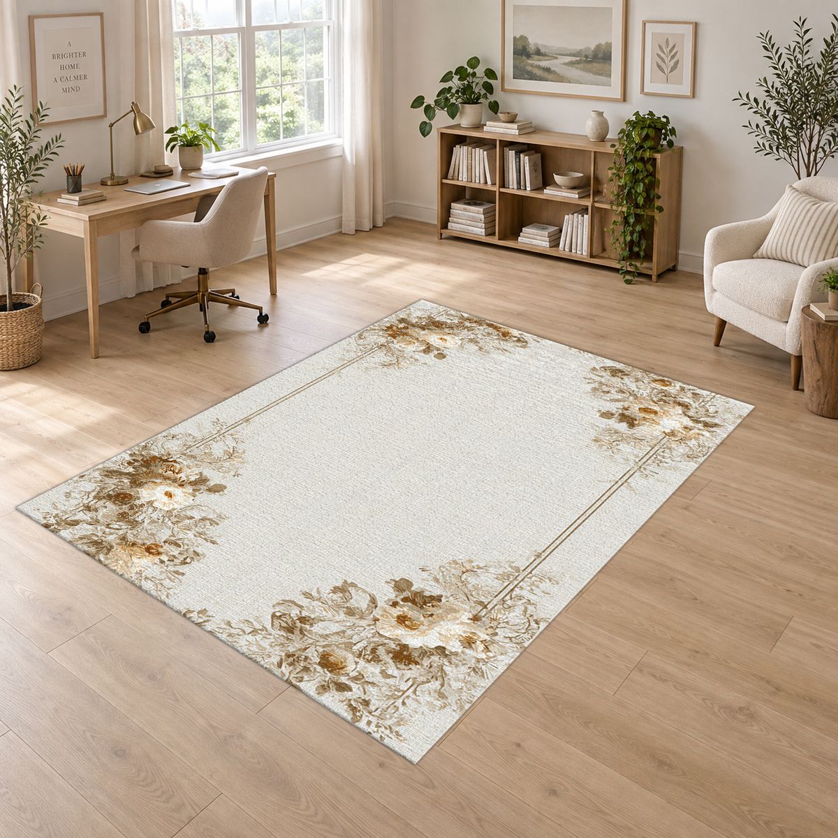Ivory Floral Corner Minimalist printed area rug