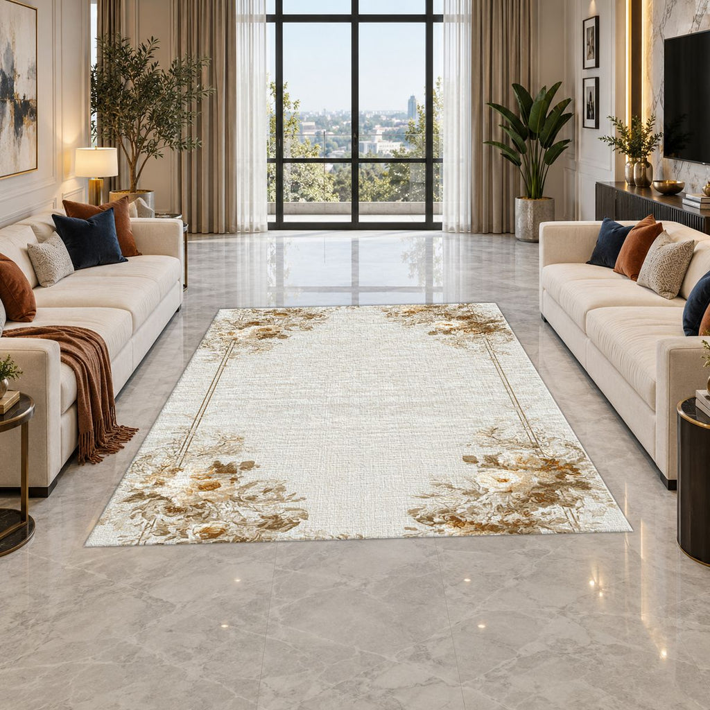 Ivory Floral Corner Minimalist printed area rug