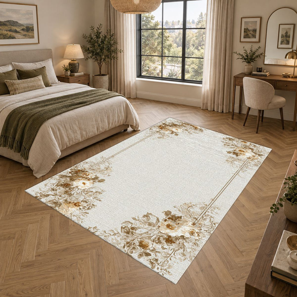 Ivory Floral Corner Minimalist printed area rug