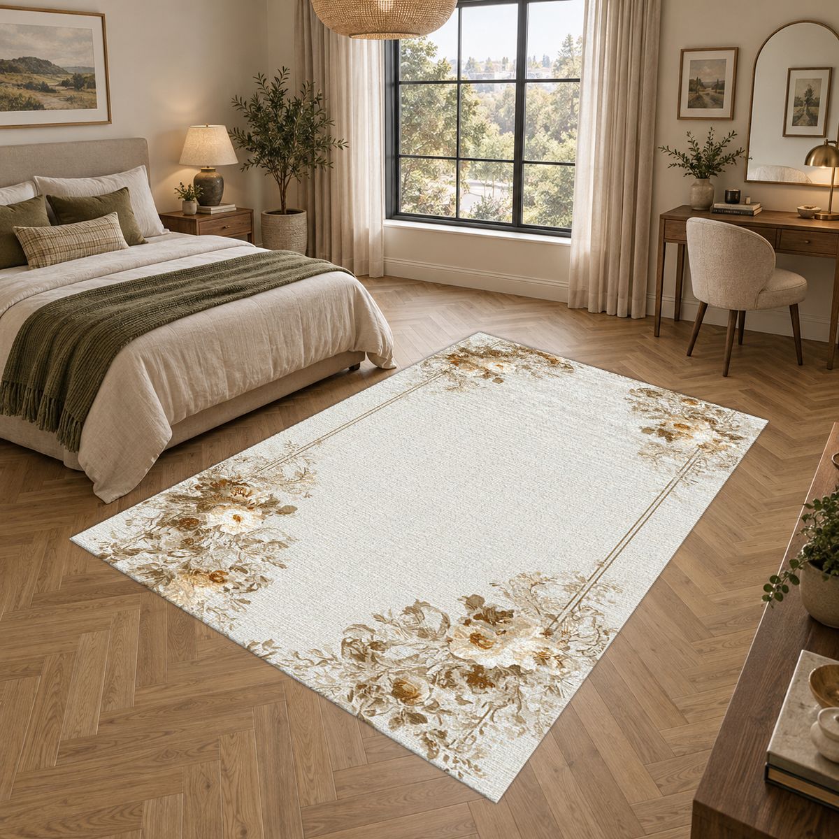 Ivory Floral Corner Minimalist printed area rug