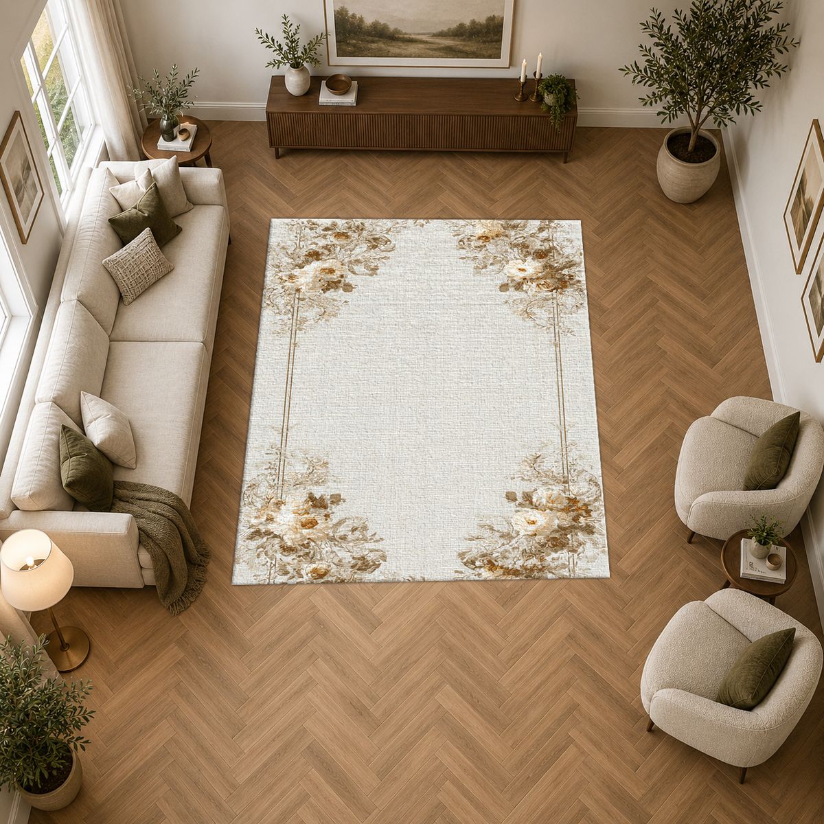 Ivory Floral Corner Minimalist printed area rug
