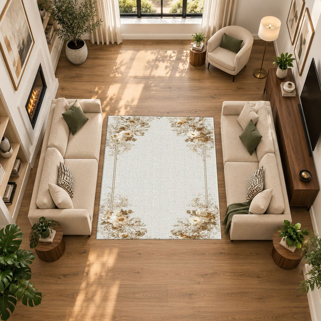 Ivory Floral Corner Minimalist printed area rug