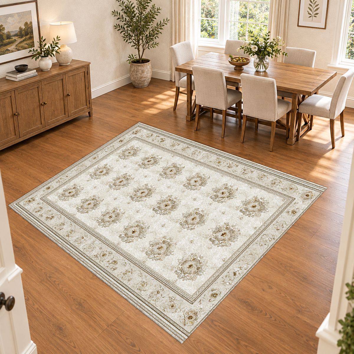 Cream Trellis Medallion Grid printed area rug