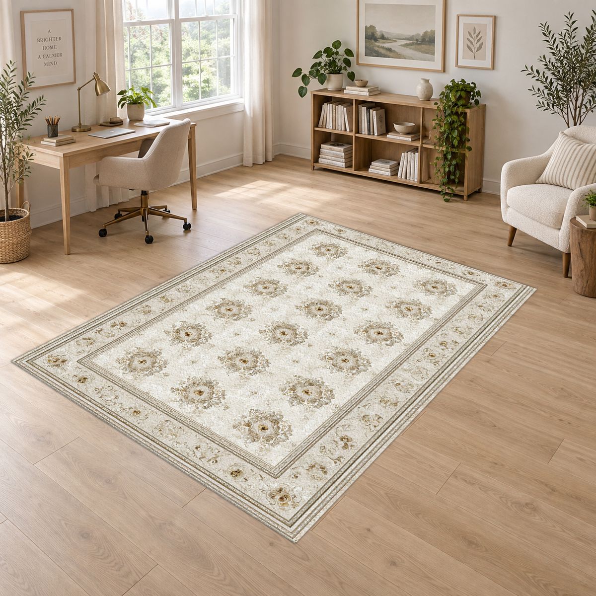 Cream Trellis Medallion Grid printed area rug