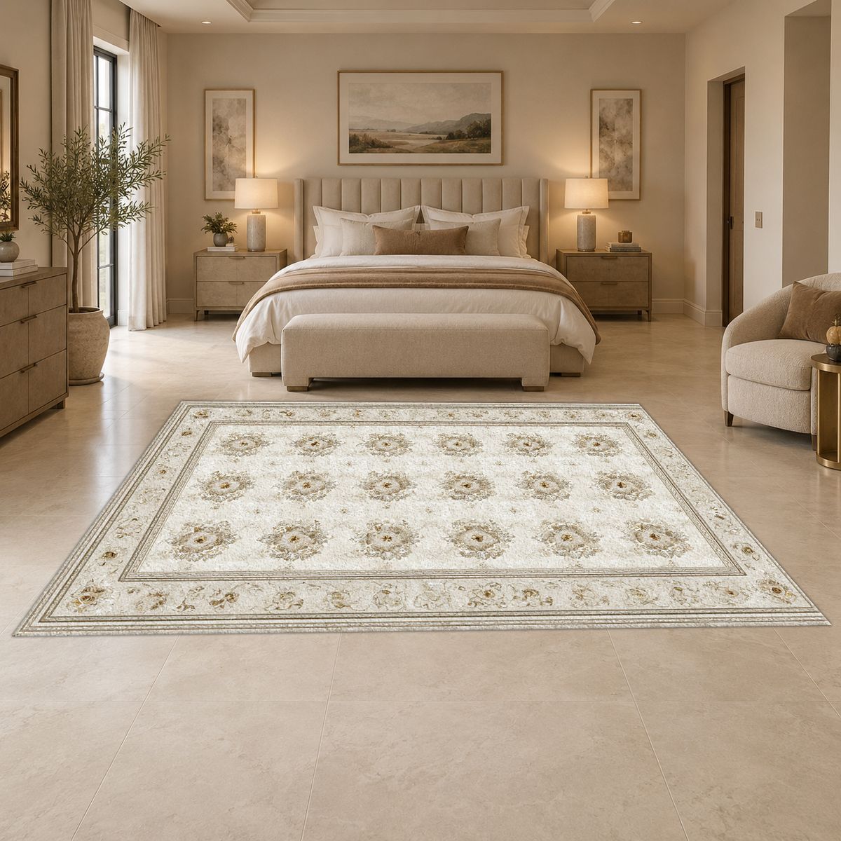Cream Trellis Medallion Grid printed area rug