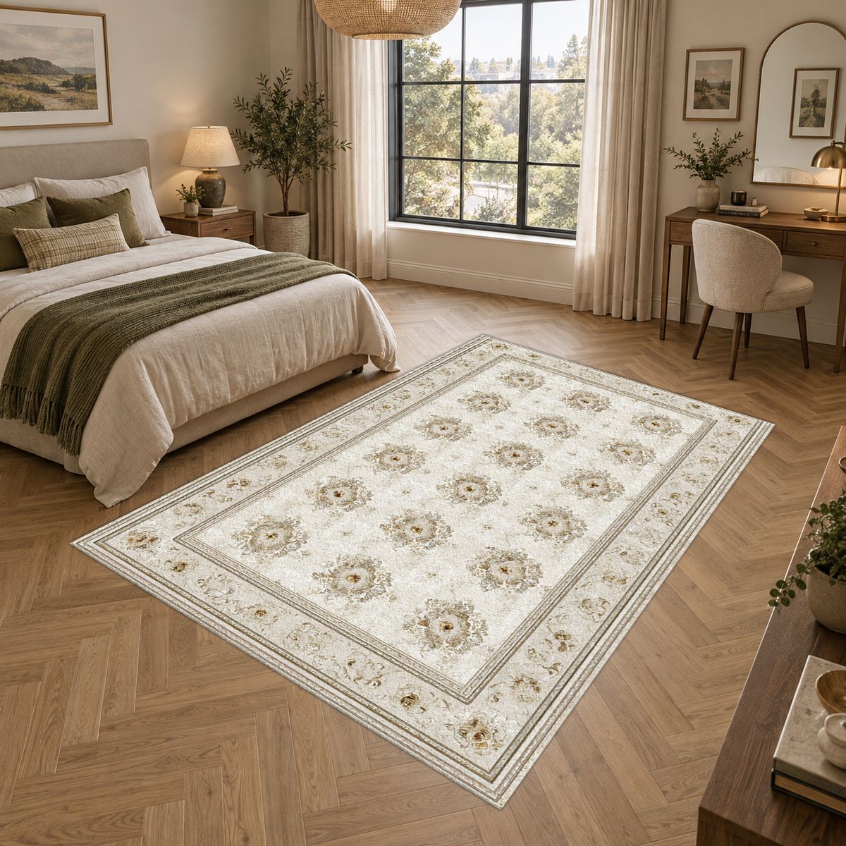 Cream Trellis Medallion Grid printed area rug