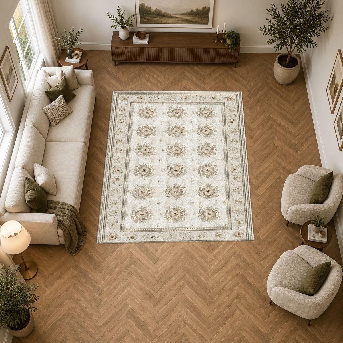 Cream Trellis Medallion Grid printed area rug