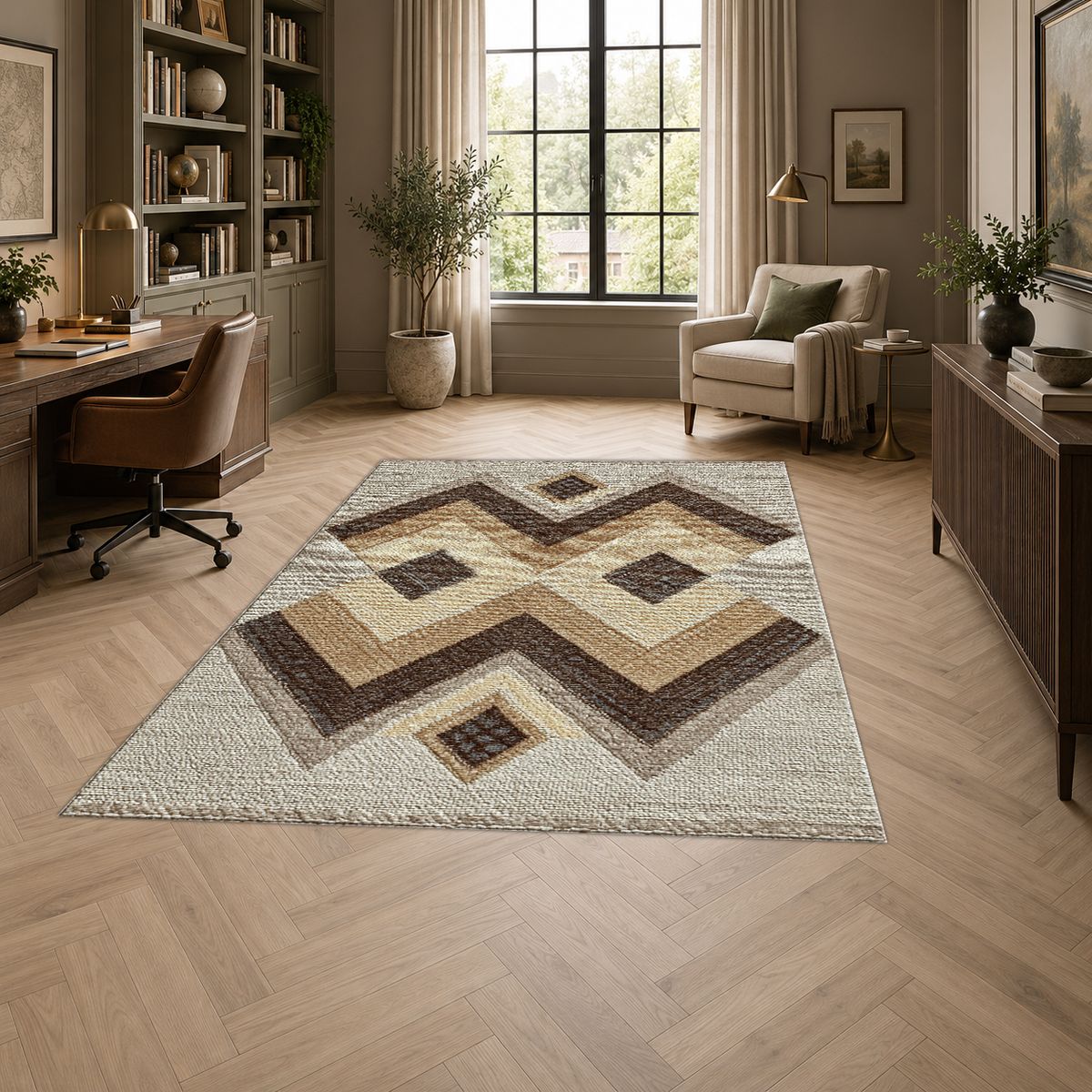 Brown and Beige Geometric Kilim printed area rug