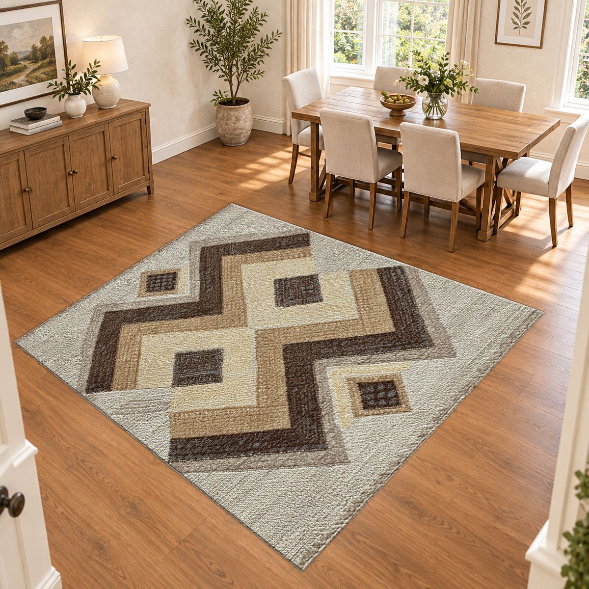 Brown and Beige Geometric Kilim printed area rug