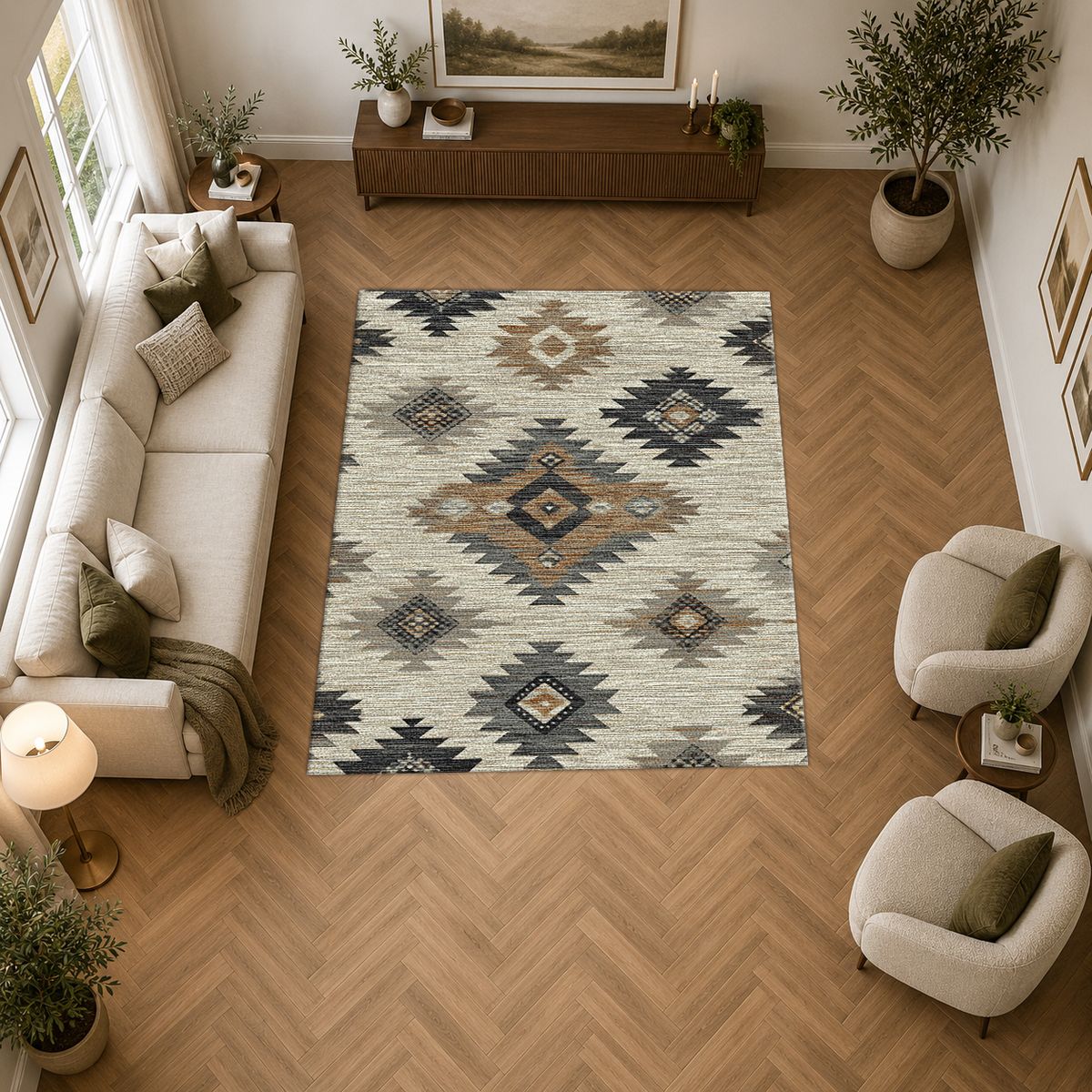 Gray and Beige Aztec Diamond printed area rug