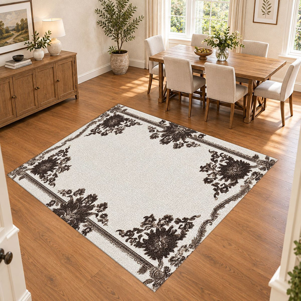 Ivory and Brown Floral Border printed area rug