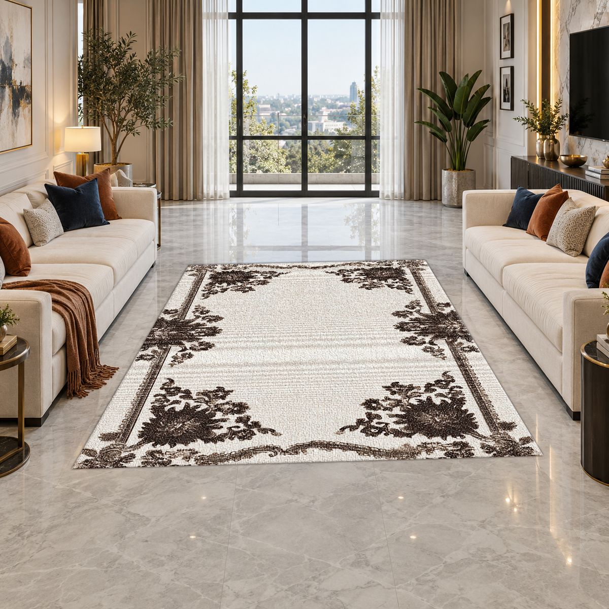 Ivory and Brown Floral Border printed area rug