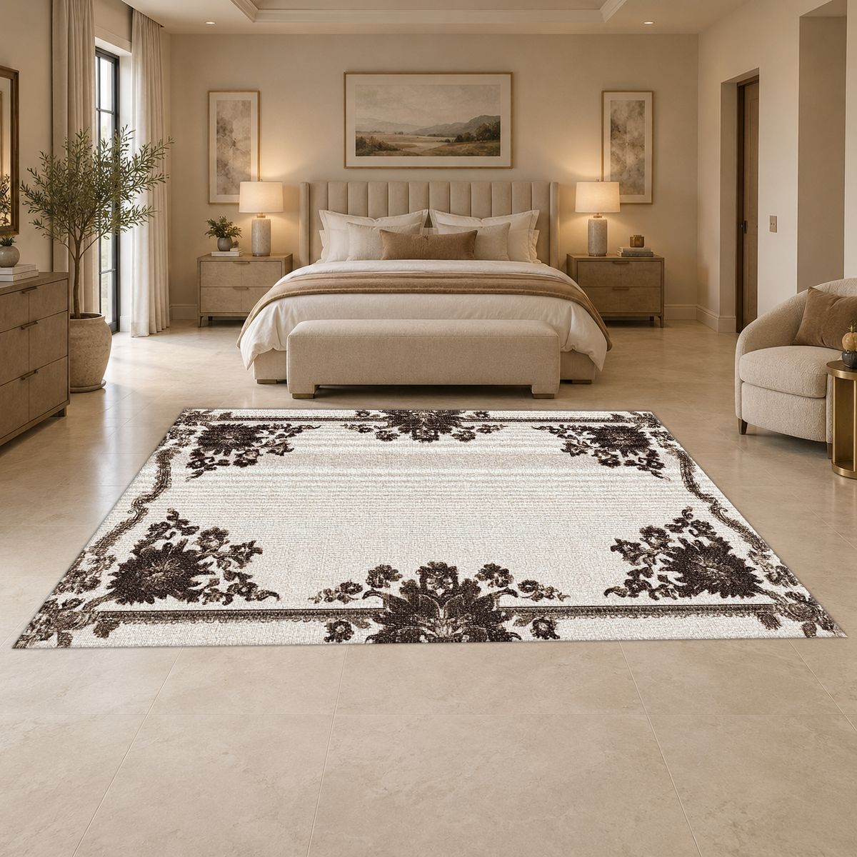 Ivory and Brown Floral Border printed area rug