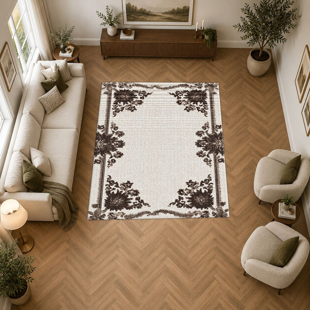 Ivory and Brown Floral Border printed area rug