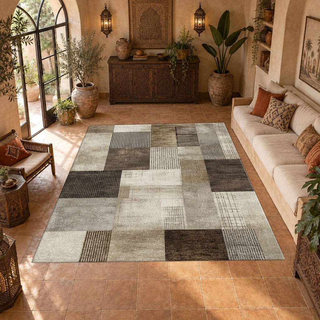 Gray and Brown Modern Patchwork printed area rug